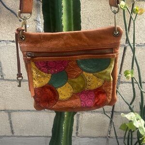 Fossil Leather Crossbody Bag with Colorful Patchwork Front